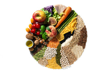 circle of basic vegan ingredients and products. cereals, legumes, fresh vegetables and fruits,...