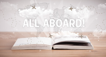 Open book with ALL ABOARD! inscription, vacation concept