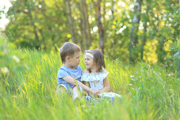 Naklejka na ściany i meble Little boy hugs a girl on the nature in summer
