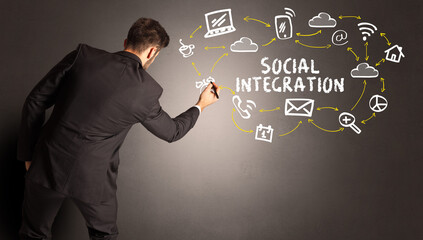 businessman drawing social media icons with SOCIAL INTEGRATION inscription, new media concept