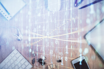 Multi exposure of technology theme drawing over work table desktop. Top view. Global data analysis concept.