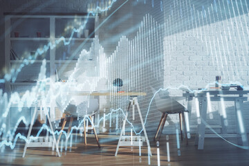 Double exposure of financial graph drawing and office interior background. Concept of stock market.