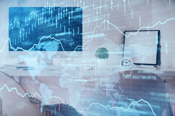 Multi exposure of stock market chart drawing and office interior background. Concept of financial analysis.