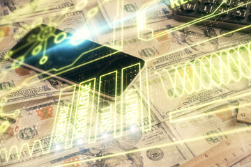 Double exposure of education theme drawing over usa dollars bill background. Concept of study.