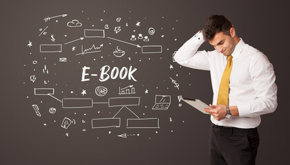 Businessman thinking with E-BOOK inscription, business education concept