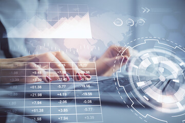 Multi exposure of woman hands typing on computer and financial graph hologram drawing. Stock market analysis concept.