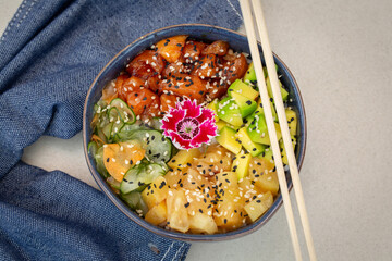 Hawaiian poke of salmon . top view