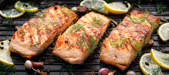 Grilled salmon fillets sprinkled with fresh herbs on a grill plate close up