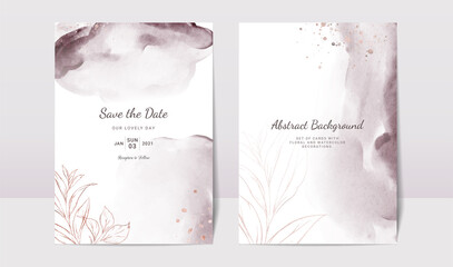 Elegant abstract background. Wedding invitation card template set with watercolor splash and gold decoration. Brush stroke for save the date, greeting, poster, and cover design