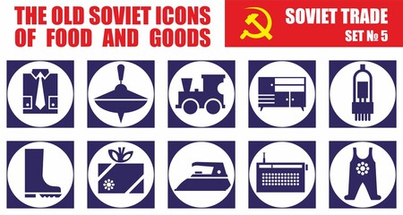 Set of icons about shopping. Shopping malls, retail - outline web icon collection. The old Soviet icons of food and goods. Soviet trade, shop window decoration
