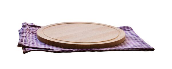 Empty wooden round cutting board for pizza. Checkered towel, white purple kitchen napkin. Isolated on white. Selective focus. Top view. Mock up