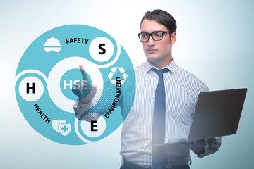 HSE concept with businessman pressing virtual button