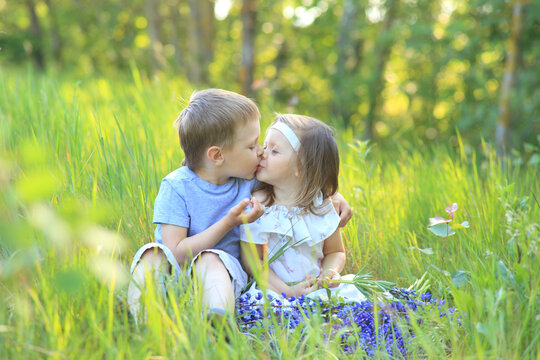 Little boy hugs a girl on the nature in summer