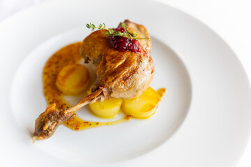 roasted duck leg with potato and mustard sauce