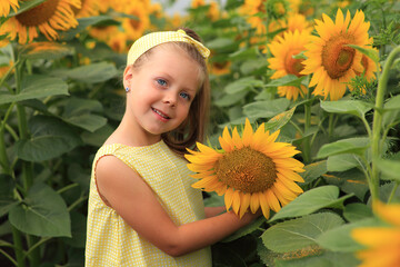 Beautiful girl in a yellow dress in a field with sunflowers
