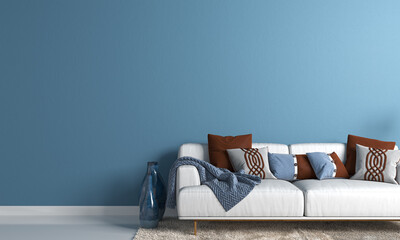 Minimal living room and blue wall texture background interior design / 3D rendering vertical red pillow 