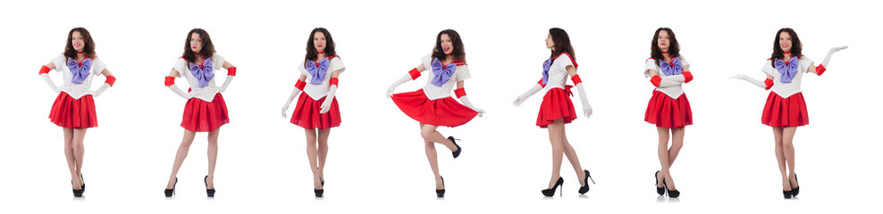 Female model wearing red dress isolated on white