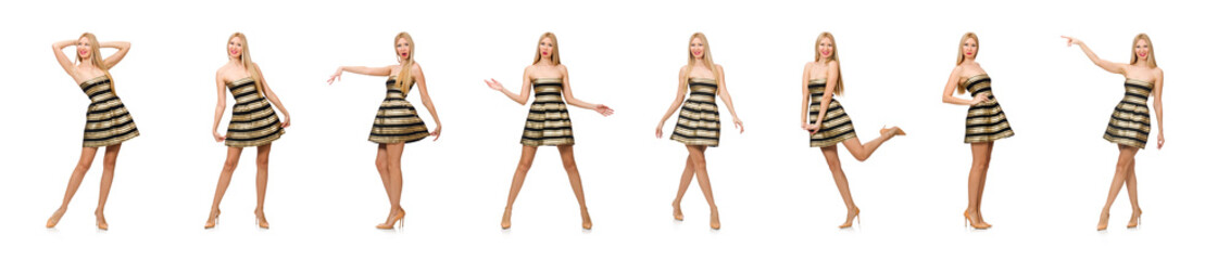 Naklejka premium Beautiful girl in gold and black dress isolated on white