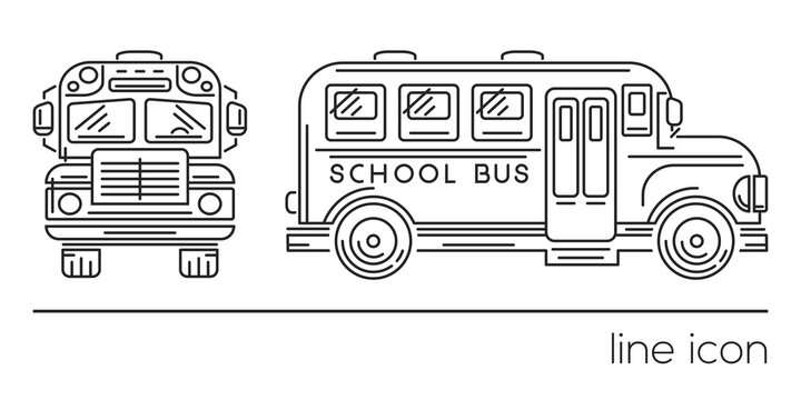 School bus line logo. Line icons set. Transportation for schoolchildren and students. Side view and front view. Back to school design. Vector illustration
