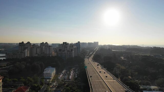 Mar 16/2019 4k aerial video Early morning at Benjamin Sheares Bridge ECP, Singapore	