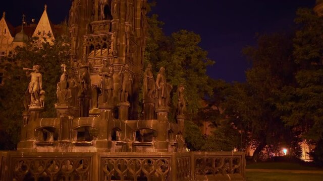Famous Gothic Kranner's Fountain At The Park Of National Awakening In Prague, The Czech Republic At Night.  - czechia
