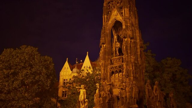 Historical Kranner's Fountain, Park of National Awakening In Prague, Czech Republic At Night. -  pan up
