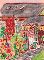 Fototapeta na wymiar travel sketch graphic drawing of traditional english brick house