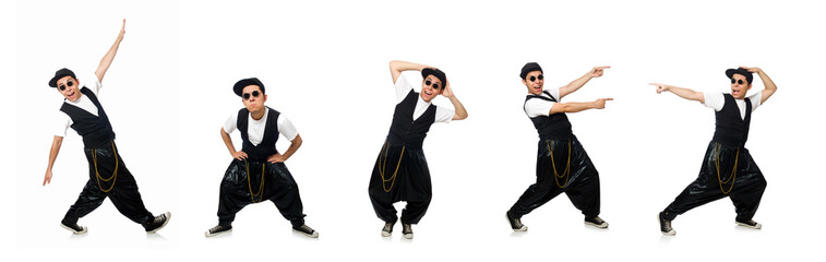 Funny young man dancing isolated on white