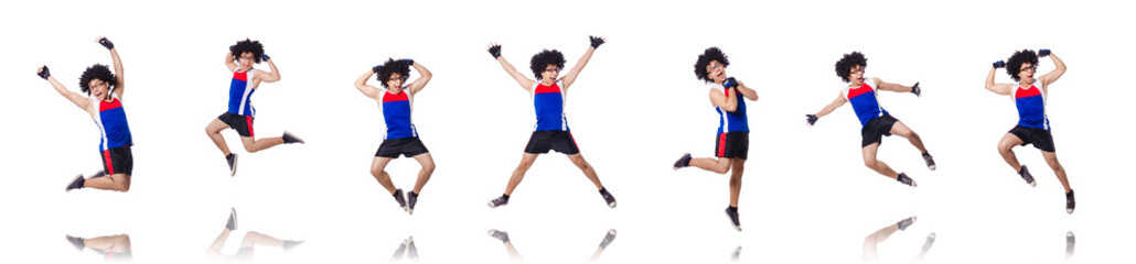 Funny man exercising isolated on white