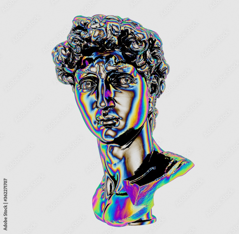 Poster 3d rendering of michelangelo's david head. classical bust sculpture in chromium holographic colors i