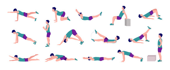 Workout Men set. Men doing fitness and yoga exercises. Lunges and squats, plank,Push Up,Mountain Climber, V-up,Bird Dog, Crunches and abc. Full body workout. - obrazy, fototapety, plakaty
