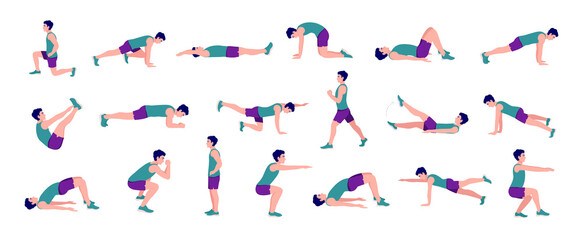 Fototapeta na wymiar Workout Men set. Men doing fitness and yoga exercises. Lunges and squats, plank,Push Up,Mountain Climber, V-up,Bird Dog, Crunches and abc. Full body workout.