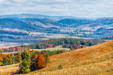 Autumn fall red colorful maple trees and farm land rolling hills aerial above high angle view landscape in Blue Grass, Highland County, Virginia