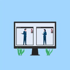 Manager and client meeting via video call on monitor metaphor of online meeting. Business flat vector concept illustration.