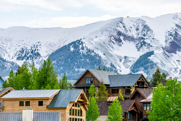 Fototapeta na wymiar Mount Crested Butte, Colorado village in summer morning with hilldside houses on hills and Aspen green trees closeup