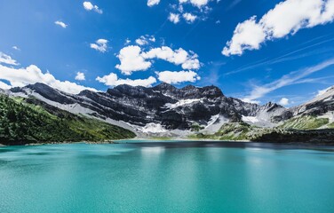 Swiss Mountain and Lake with Snow Peaks, Green Grass, Teal Lake - Lac de Salanfe