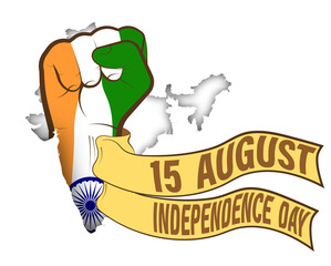 Independence Day. Hand clenched in style of the Indian flag with holiday ribbons. Struggle for sovereignty of the country. August 15 is a national holiday of India. Vector on a white background