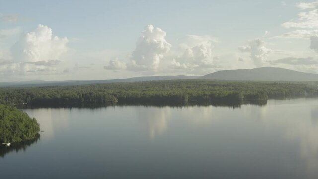 Spectacular scenic aerial shot high above Hebron Lake, Maine 