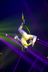 Flexible young woman make performance on aerial hoop, flexible back on aerial hoop, aerial circus show, yellow purple blue red light. Flexible woman gymnast upside down on hoop. Night club performance