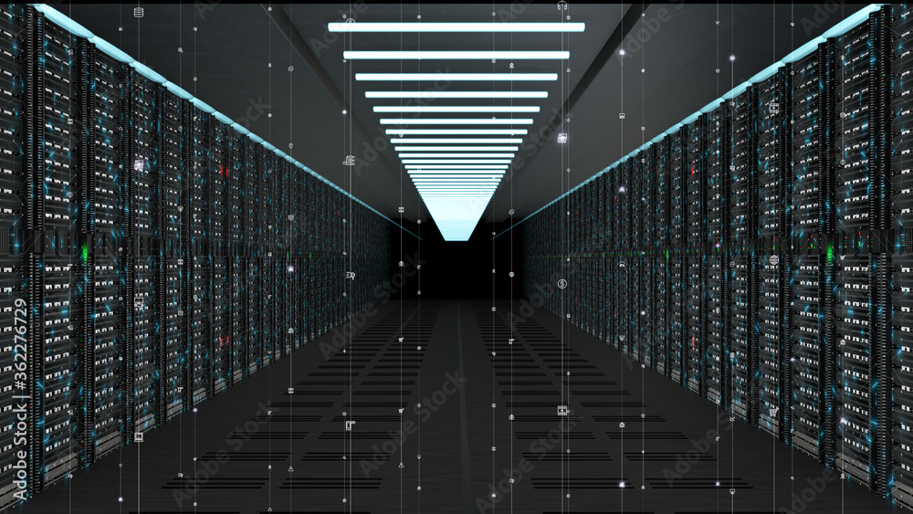 Poster digital data network servers in a server room of a data center or isp with electric circuit high spe
