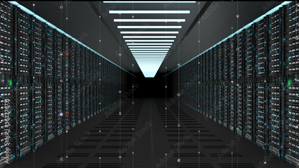 Poster digital data network servers in a server room of a data center or isp with electric circuit high spe