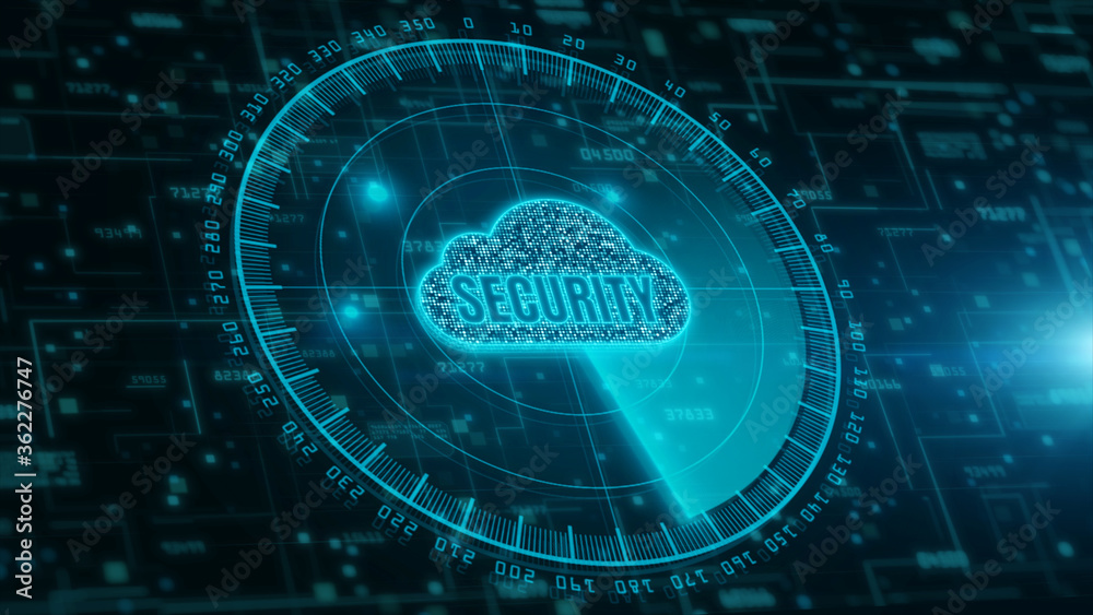 Poster Digital cloud computing and radar scanning of cyber security. Digital data network protection. High-speed connection data analysis. Future technology digital background