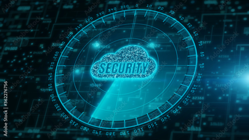 Poster Digital cloud computing and radar scanning of cyber security. Digital data network protection. High-speed connection data analysis. Future technology digital background