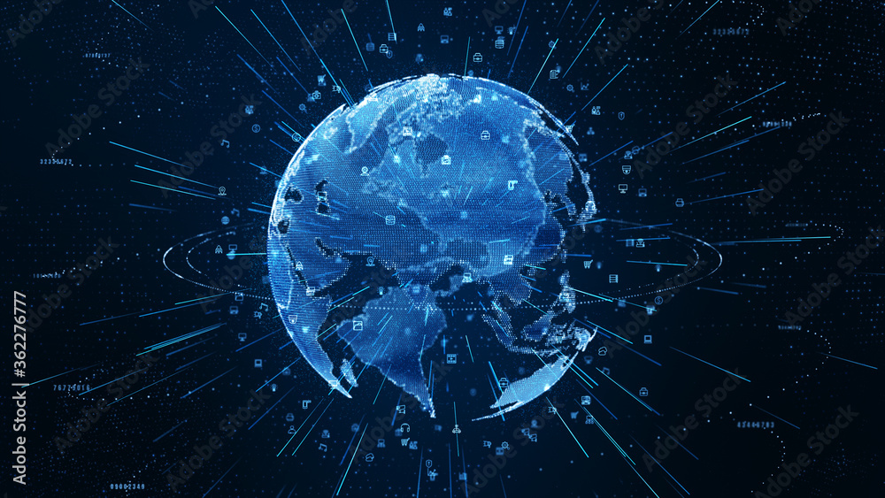 Aufkleber digital data network connections with icon of global communication. high-speed connection data analy