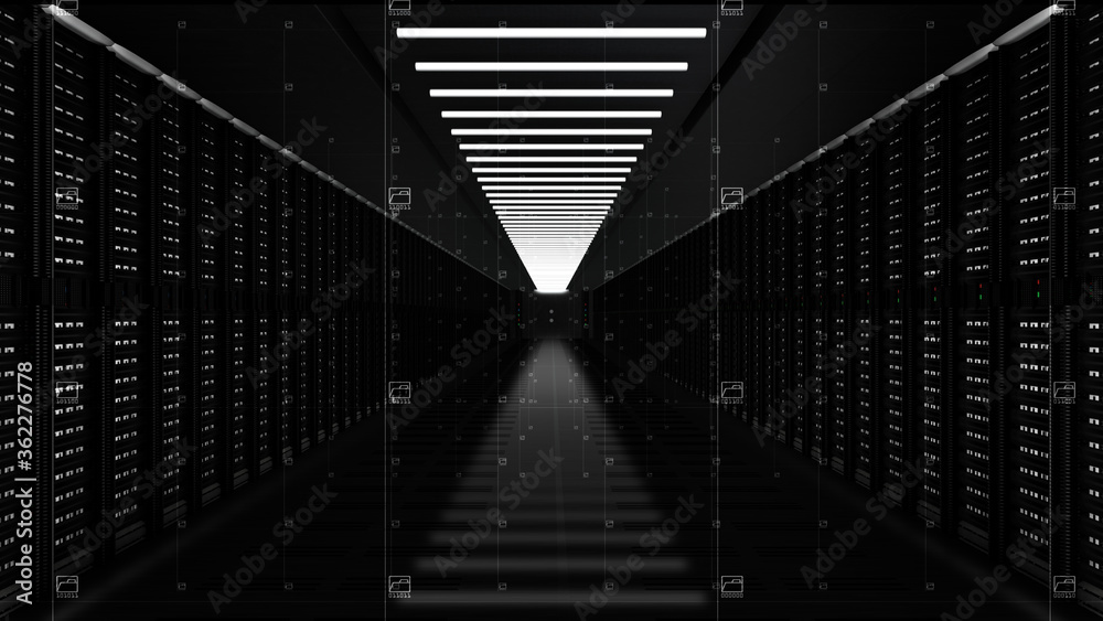 Poster digital data network servers in a server room of a data center or isp with electric circuit high spe