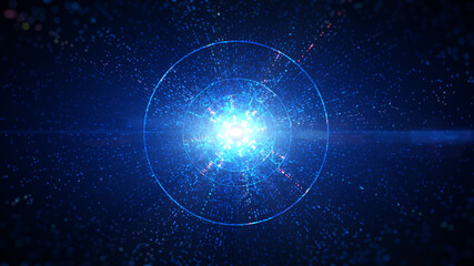 Obraz premium Blue color digital circle tunnel of cyberspace with particles and lighting, Technology network connections abstract background concept