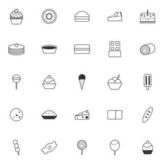 Dessert icon. Cupcake, donut, bread, cake, pancake, pine, chiffon, chocolate, roll, candy, pudding, icecream, cookie, cheese, mochi, dango, sweety, cotton candy and bingsu.