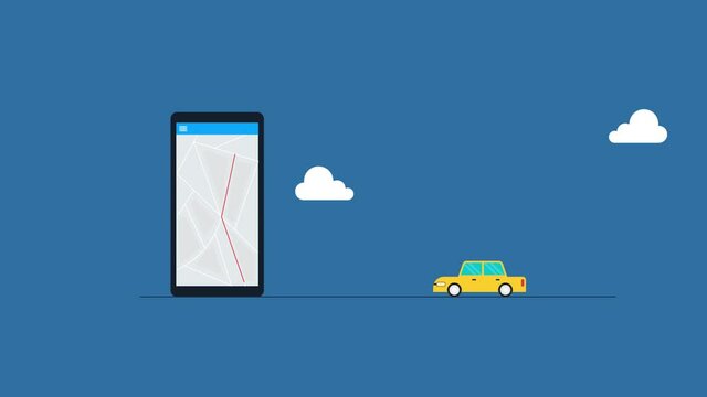 Mobile taxi app, smart transportation, mobile app ordering taxi online, find taxi near me concept. 2d animation, 4k video clip.