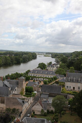 Fototapeta na wymiar Views of the town of Amboise in Loire Valley, France showing buildings, river, roads, pathways and gardens