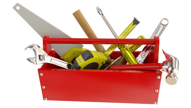 tools toolbox toolkit hammer screwdriver saq  wrench isolated - 3d rednering